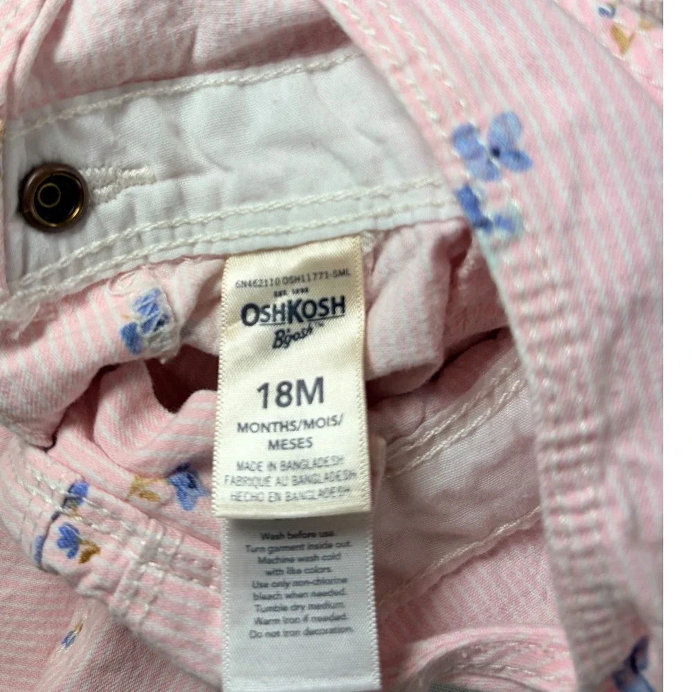 OshKosh Bgosh Baby Girls Pink Pinstripe Floral Overall Dress 18M Raw Hem
